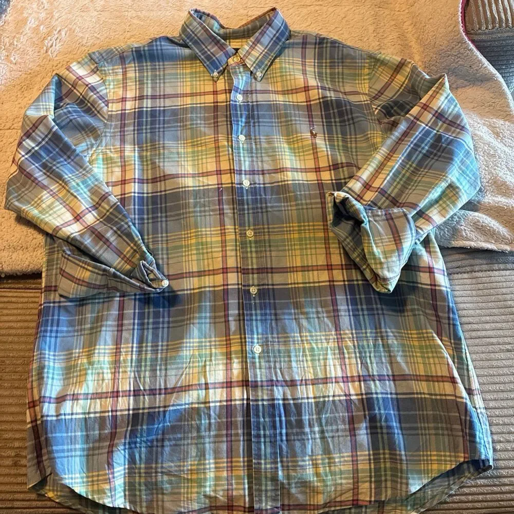 Polo Ralph Lauren Blue Cotton Plaid Long Sleeve Oxford Dress Shirt XL NWOT